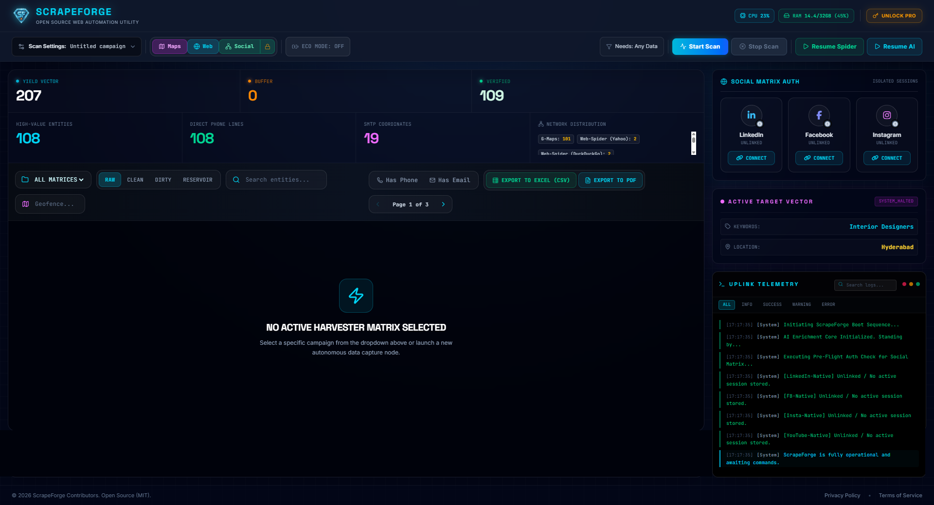 ScrapeForge Free Dashboard showing extraction queue
